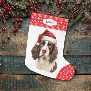 Springer Spaniel Santa Hat Snowflake Border Large Christmas Stocking