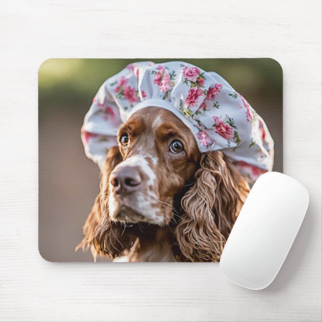 Springer Spaniel Wearing a Shower Cap  Mouse Pad (With Mouse)