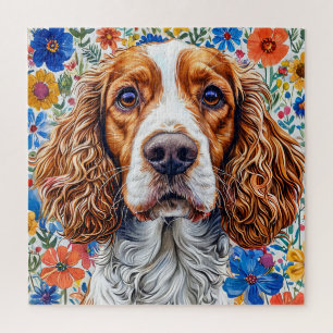 Springer Spaniel With Colourful Floral Background Jigsaw Puzzle