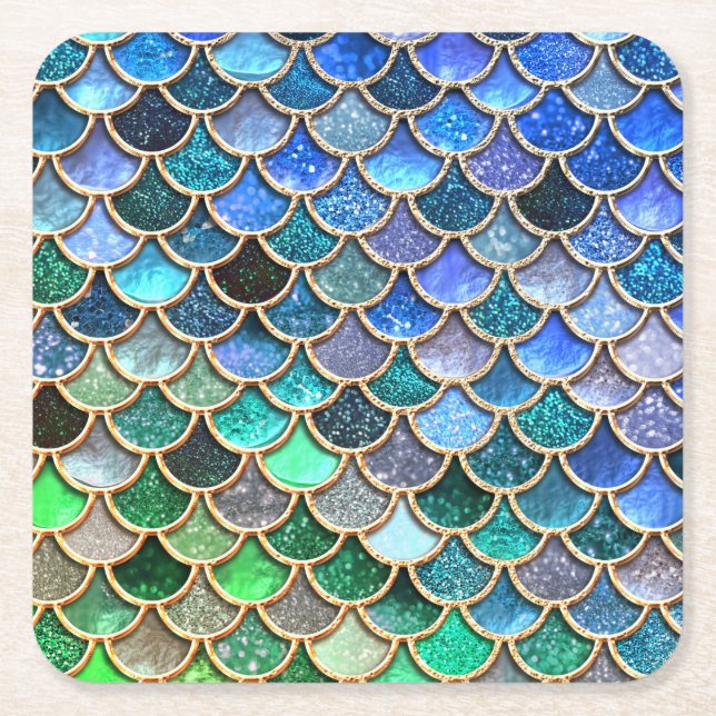 Springlike multicolor Glitter Mermaid Scales Square Paper Coaster (Front)