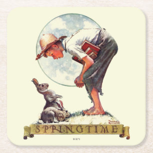 Springtime, 1935 boy with bunny square paper coaster