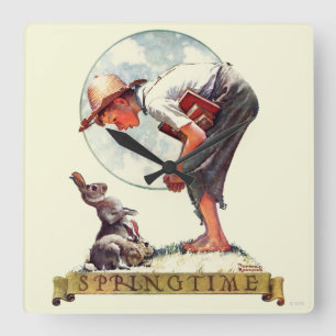 Springtime, 1935 boy with bunny square wall clock