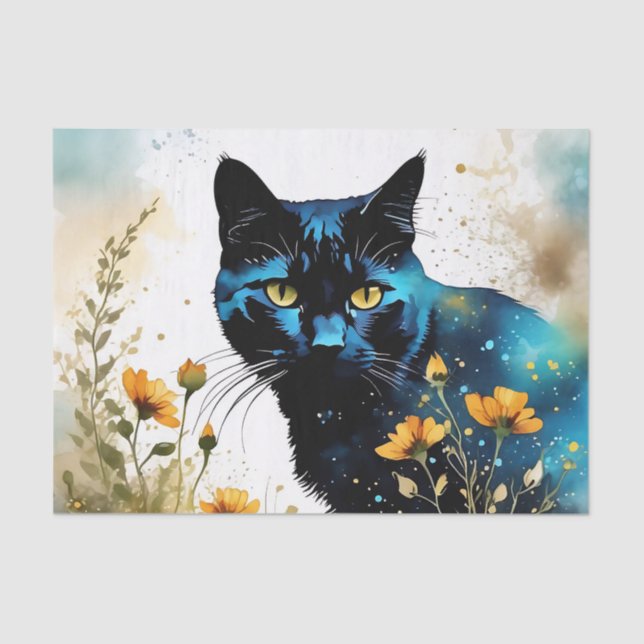 Springtime Black Cat Vibrant Field Of Flowers Tissue Paper (Front)