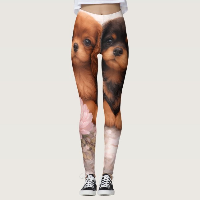 Springtime blossom Cavalier spaniel puppies Leggings (Front)
