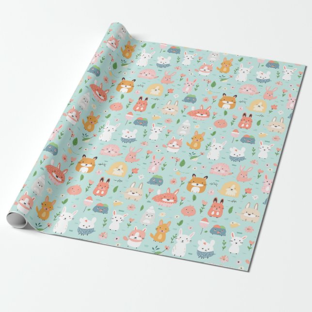 Springtime Buddies - Playful Animal Pattern Wrapping Paper (Unrolled)