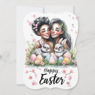 Springtime Bunnies and Joyful Women Easter Card