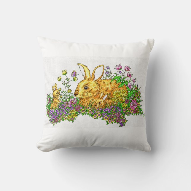 Springtime Bunnies in a Field of Flowers  Cushion (Front)