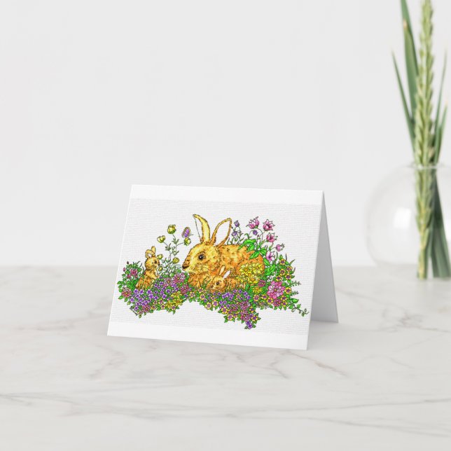 Springtime Bunnies in a Field of Flowers  Thank You Card (Front)