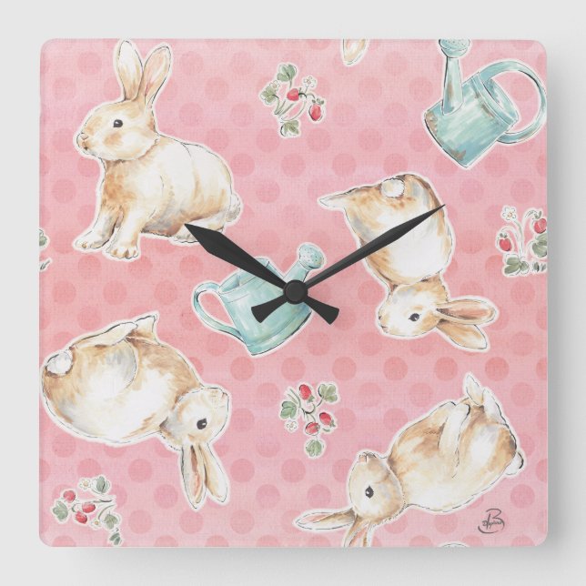 Springtime Bunnies Pattern Square Wall Clock (Front)