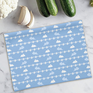 Springtime Bunny Daisies Cute Pattern White Blue  Tea Towel