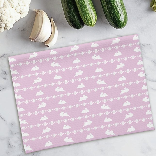 Springtime Bunny Daisies Cute Pattern White Pink Tea Towel (Creator Uploaded)