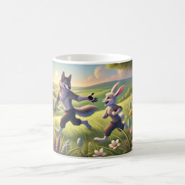 Springtime Chase – Playful Wolf and Rabbit Easter  Coffee Mug (Center)