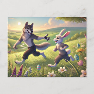 Springtime Chase – Playful Wolf and Rabbit Easter  Holiday Postcard