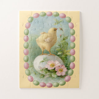 Springtime Chick with Pastel Egg Border Jigsaw Puzzle