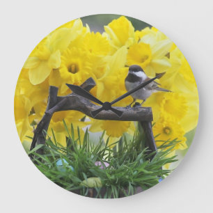 Springtime chickadee large clock