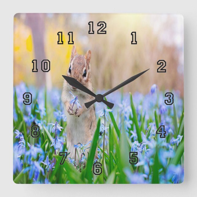 Springtime Chipmunk Square Wall Clock (Front)