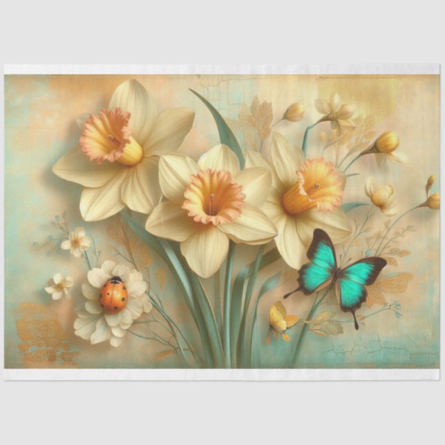 Springtime Daffodils Butterflies Ladybug Decoupage Tissue Paper (Front)