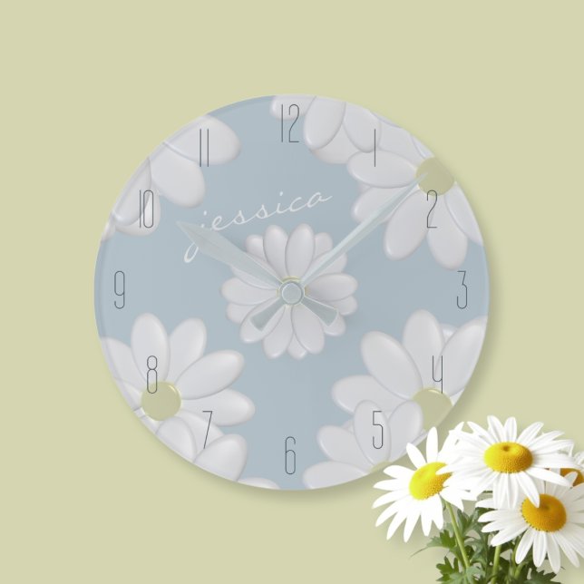 Springtime Daisies Blue Modern Floral Daisy Clock (A delicate pale sky blue clock with bold bright white daisy flowers. Just add your name)