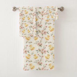 Springtime Ducklings and Blossoms Bath Towel Set