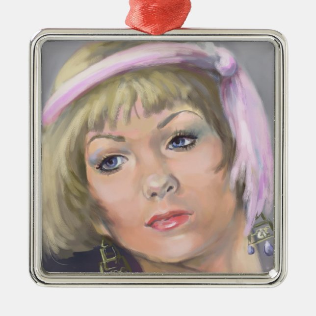 Springtime Flapper Portrait Premium Sq Ornament (Front)