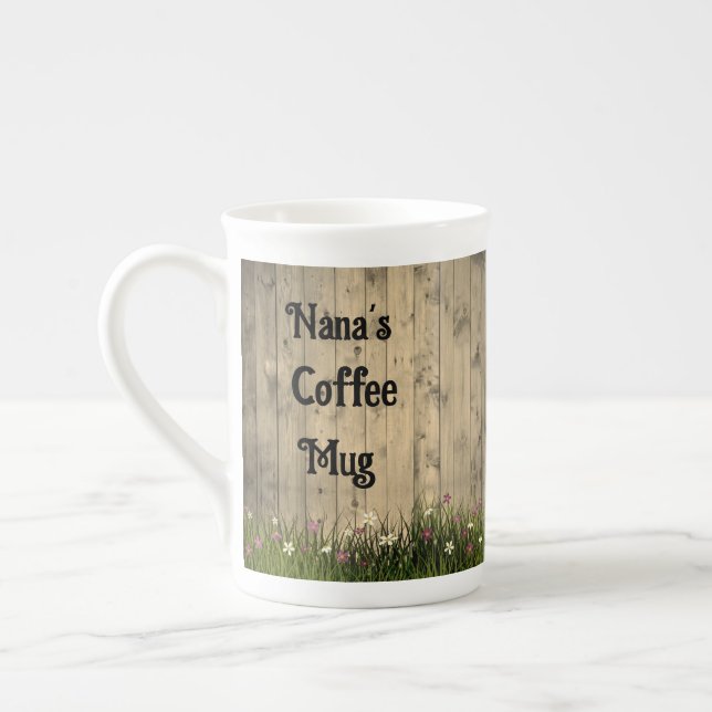 Springtime Flowers on Wood Personalised Bone China Mug (Left)