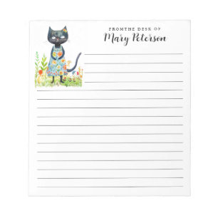 Springtime Girl Cat Yellow Orange Floral Dress Notepad