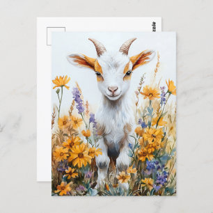 Springtime Goat Kid Yellow Wildflowers Postcard