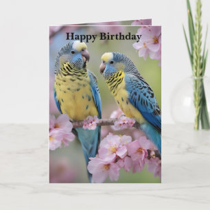 Springtime Harmony: Blue and Yellow Budgies  Card
