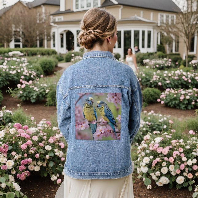 Springtime Harmony: Blue and Yellow Budgies  Denim Jacket (Wedding Back)