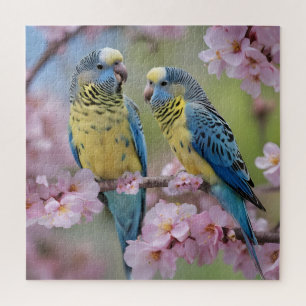 Springtime Harmony: Blue and Yellow Budgies  Jigsaw Puzzle