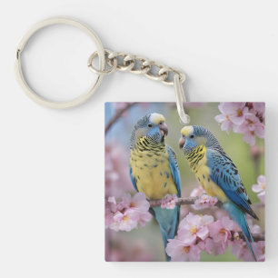 Springtime Harmony: Blue and Yellow Budgies  Key Ring