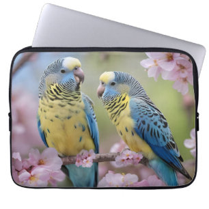 Springtime Harmony: Blue and Yellow Budgies Laptop Sleeve