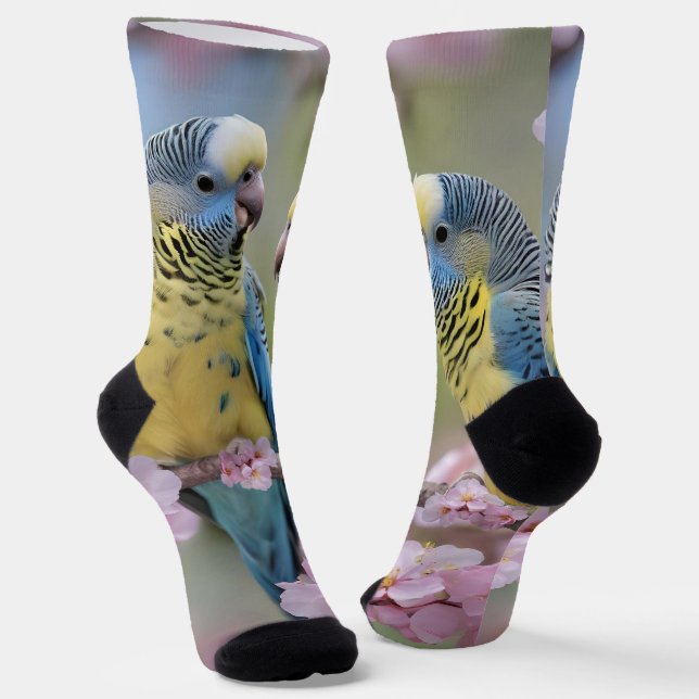 Springtime Harmony: Blue and Yellow Budgies  Socks (Angled)