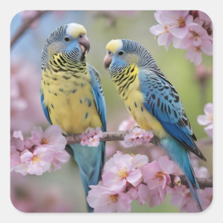 Springtime Harmony: Blue and Yellow Budgies Square Sticker
