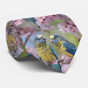 Springtime Harmony: Blue and Yellow Budgies  Tie