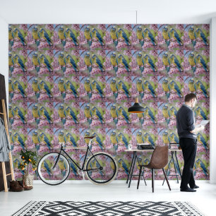 Springtime Harmony: Blue and Yellow Budgies Wallpaper
