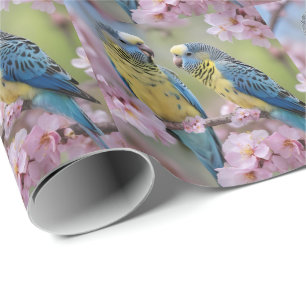 Springtime Harmony: Blue and Yellow Budgies Wrapping Paper