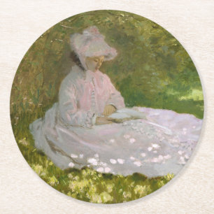 Springtime, Impressionist Portrait, Claude Monet Round Paper Coaster