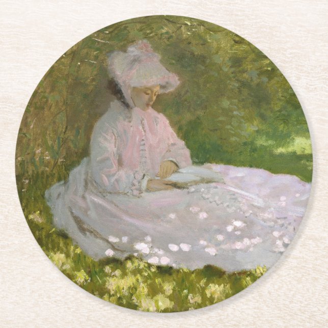Springtime, Impressionist Portrait, Claude Monet Round Paper Coaster (Front)
