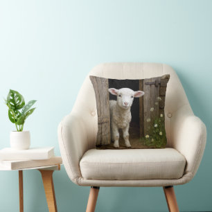 Springtime Lamb Standing In Barn Doorway Cushion