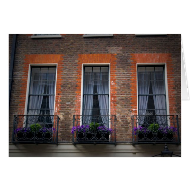 Springtime London Window Flower Boxes Card (Front Horizontal)