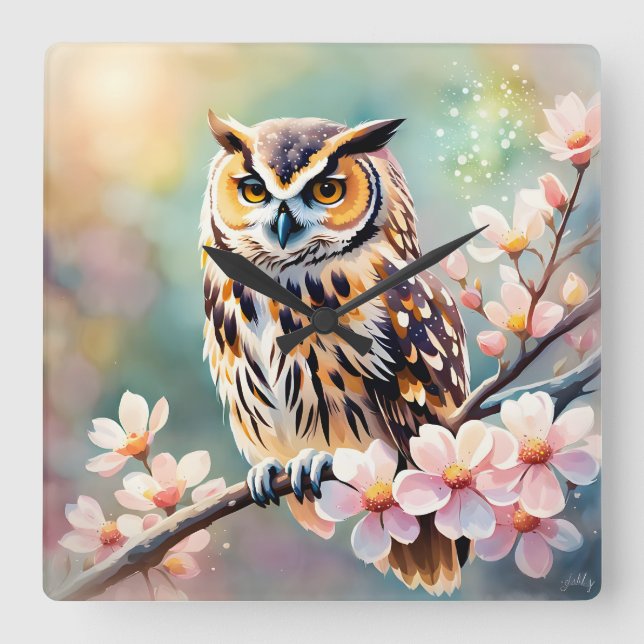 Springtime Owl, pink blossoms Square Wall Clock (Front)