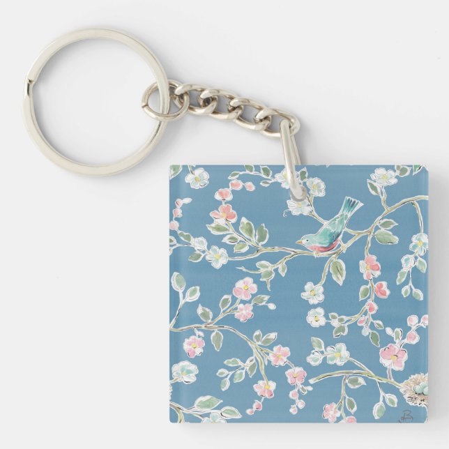 Springtime Pattern - Birds & Flowers Key Ring (Front)