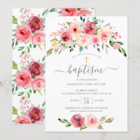 Springtime Peonies Rose Floral Baptism Invitation