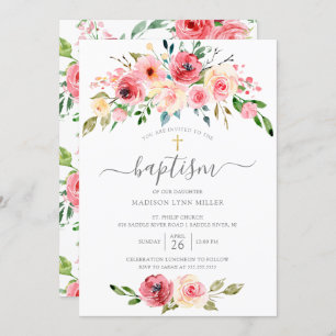 Springtime Peonies Rose Floral Baptism Invitation