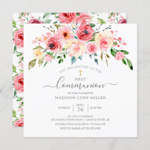 Springtime Peonies Rose Floral Communion Invitation