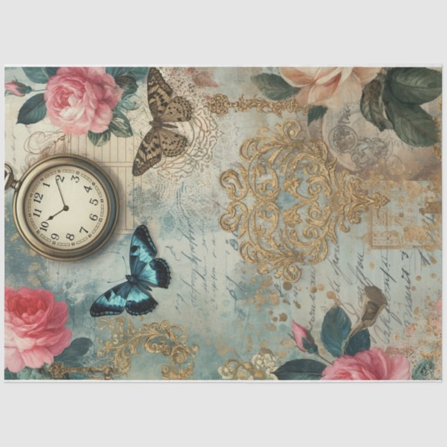 Springtime Pocket Watch Floral Decoupage Paper  (Front)