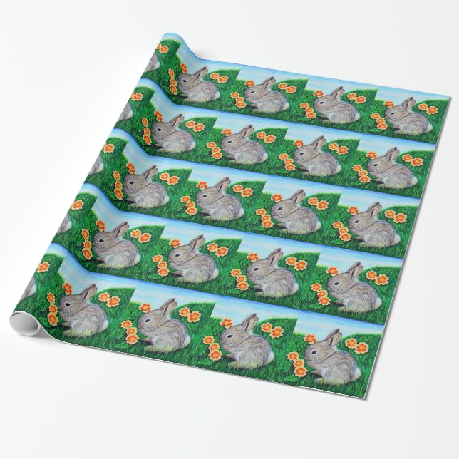 Springtime Rabbit Painting Wrapping Paper (Unrolled)