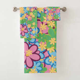 Springtime Summer 60s Flower Pattern Bath Towel Set