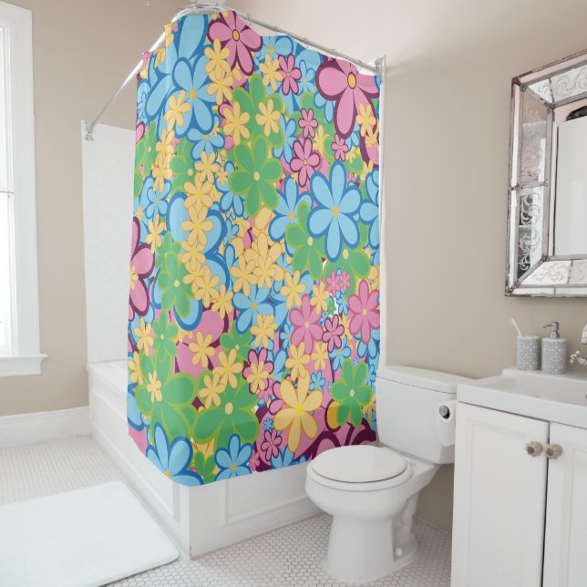 Springtime Summer 60s Flower Pattern Shower Curtain (In Situ)